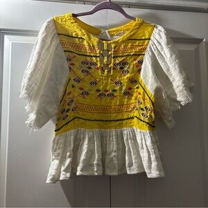 Embroidered Yellow & White Boho Peasant Top
